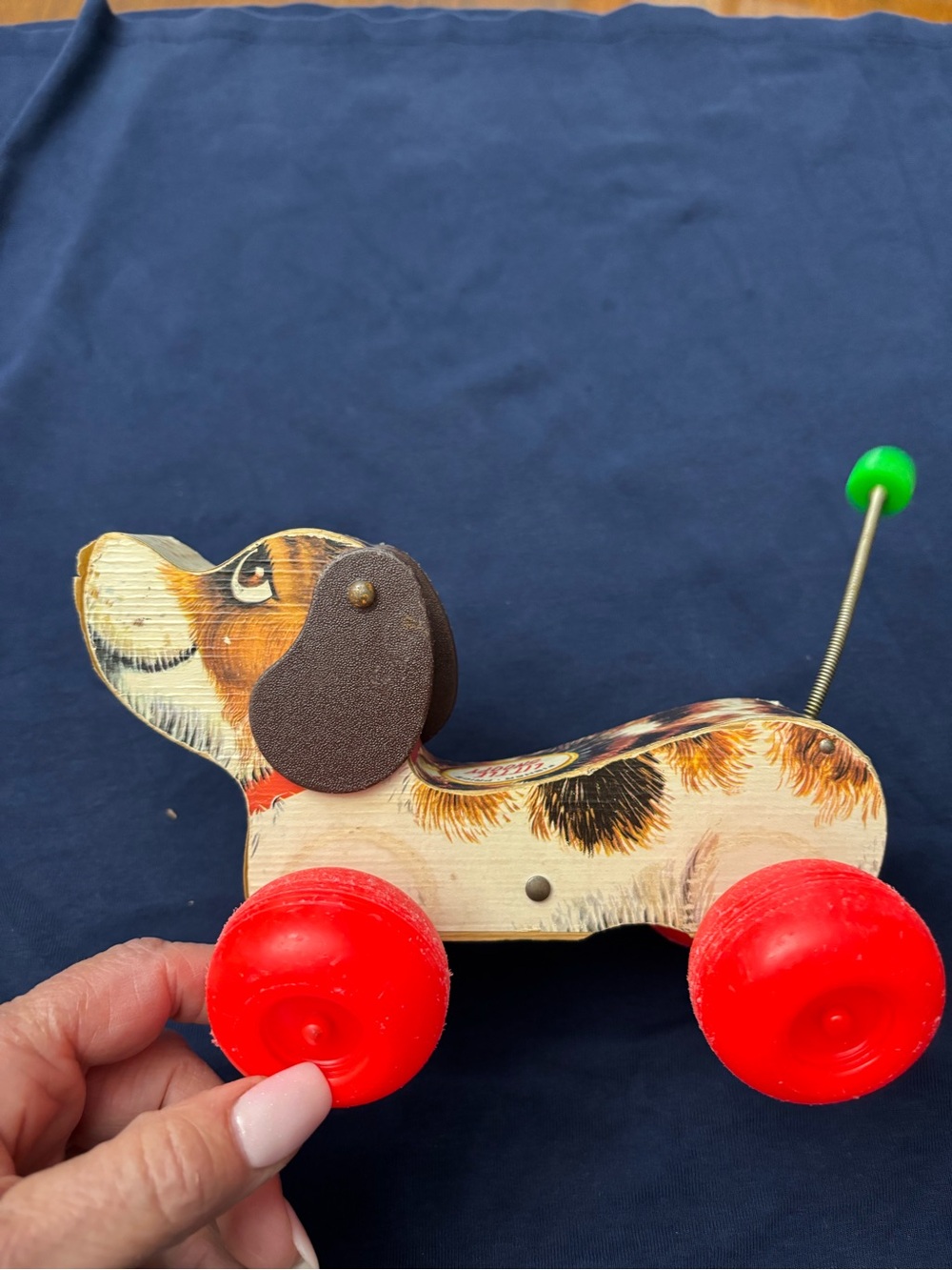 Vintage Wooden Pull Toy Dog with Red Wheels